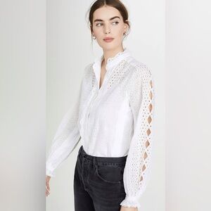 Frame Petal Button Down White Eyelet Scallop Collar Long Sleeve Top Size Medium